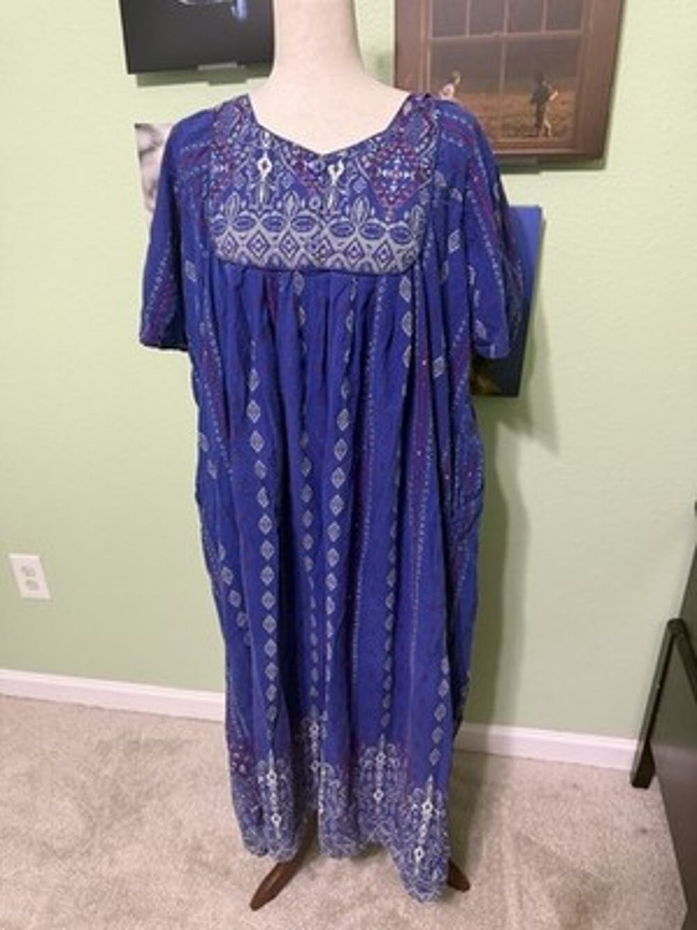 Only Necessities 1X Petite Blue Patterned Cottagecore Nightgown W/ Pockets